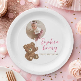 Roze teddybeer Eerste verjaardag foto Papieren Bordje