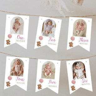 Roze teddybeer eerste verjaardag foto vlaggenlijn  vlaggetjes