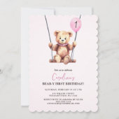 Roze teddybeer eerste verjaardag kaart (Voorkant)
