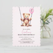 Roze teddybeer eerste verjaardag kaart (Staand voorkant)