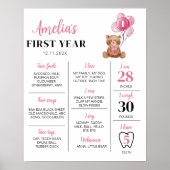 Roze Teddybeer Eerste Verjaardag Mijlpaal teken Poster (Voorkant)
