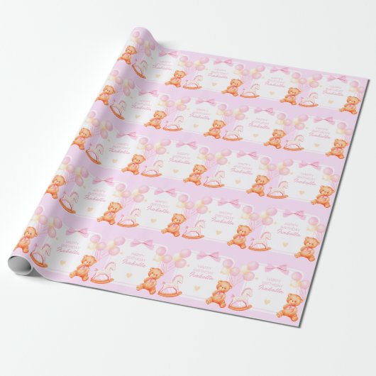 Roze teddybeer en schommelpaard cadeaupapier (Uitgerold)