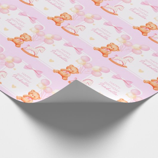 Roze teddybeer en schommelpaard cadeaupapier (Hoek)