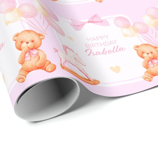 Roze teddybeer en schommelpaard cadeaupapier (Rol Hoek)