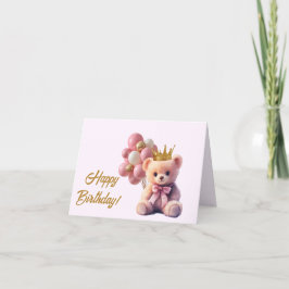 Roze teddybeer gouden kroon gelukkige verjaardag bedankkaart