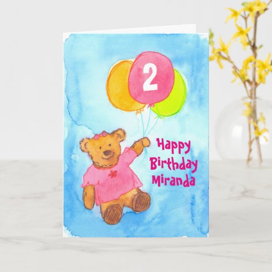 Roze teddybeer Happy 2nd Birthday Custom Kaart (Gele Bloem)