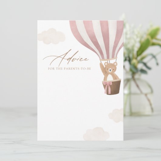 Roze Teddybeer Hete Luchtballon Baby shower Advies Kaart (Staand voorkant)