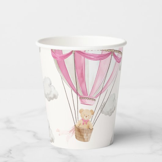 Roze teddybeer heteluchtballon papieren bekers (Achterkant)