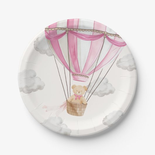 Roze teddybeer heteluchtballon papieren bordje (Voorkant)