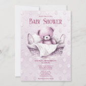 Roze Teddybeer in Mand Baby shower Invitation Kaart (Voorkant)