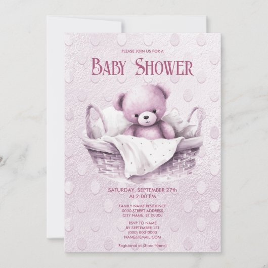 Roze Teddybeer in Mand Baby shower Invitation Kaart (Voorkant)