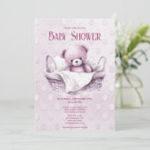 Roze Teddybeer in Mand Baby shower Invitation Kaart (Staand voorkant)