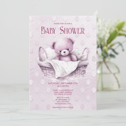 Roze Teddybeer in Mand Baby shower Invitation Kaart (Staand voorkant)