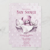 Roze Teddybeer in Mand Baby shower Invitation Kaart (Voorkant / Achterkant)