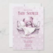 Roze Teddybeer in Mand Baby shower Invitation