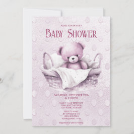 Roze Teddybeer in Mand Baby shower Invitation Kaart