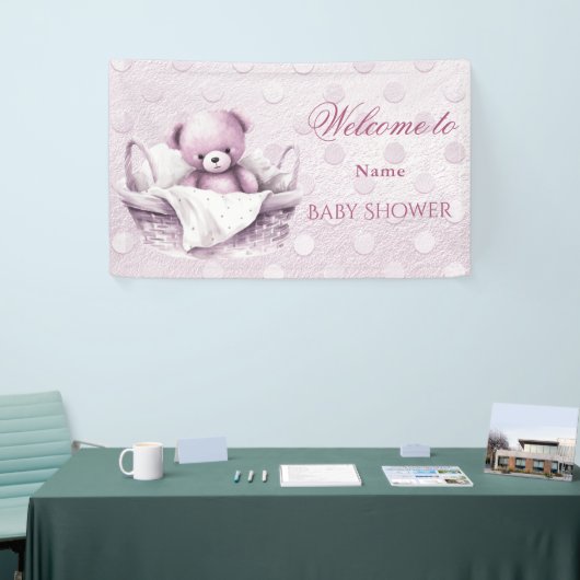 Roze Teddybeer in mand Baby shower Spandoek (Beurs)