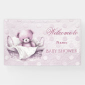 Roze Teddybeer in mand Baby shower Spandoek (Horizontaal)