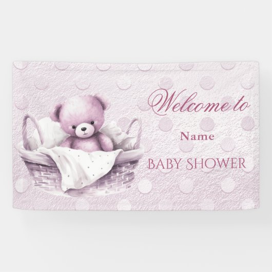 Roze Teddybeer in mand Baby shower Spandoek (Horizontaal)