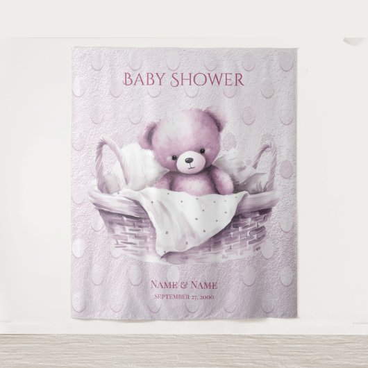 Roze Teddybeer in mandachtergrond Wandkleed (Voorkant)