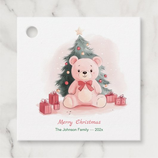 Roze teddybeer Kerstmis Bedankjes Labels (Voorkant)
