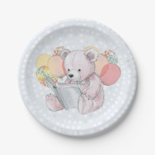 Roze teddybeer leest een boek  papieren bordje