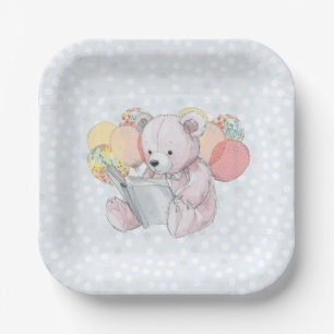 Roze teddybeer leest een boek papieren bordje