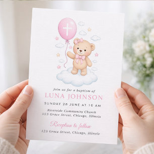 Roze Teddybeer Meisje Doop Uitnodiging
