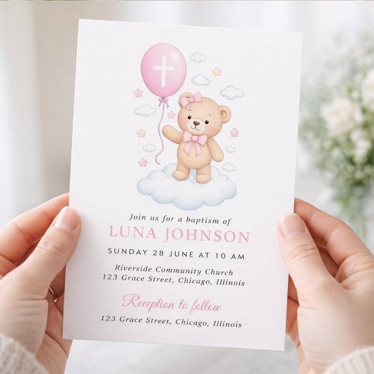 Roze Teddybeer Meisje Doop Uitnodiging