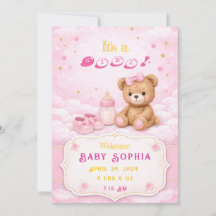 Roze Teddybeer Meisje Geboorte Aankondigingskaart Kaart