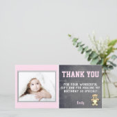 Roze Teddybeer Meisje Verjaardag Bedankt Fotokaart (Staand voorkant)