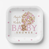 Roze teddybeer met ballonnen baby meisje douche papieren bordje (Voorkant)