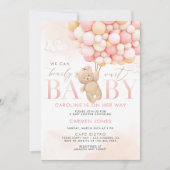 Roze Teddybeer met Ballonnen Baby Shower Uitnodigi Kaart (Voorkant)