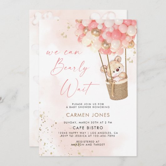 Roze teddybeer met ballonnen babyshower uitnodigin kaart (Voorkant / Achterkant)