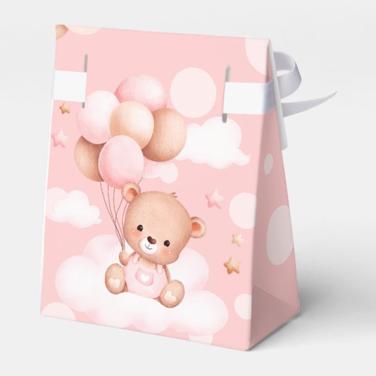 Roze teddybeer met ballonnen op wolken bedankdoosjes (Achterkant)