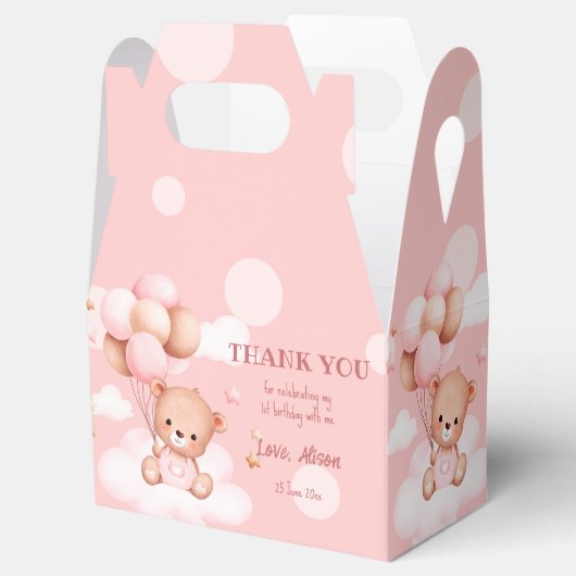 Roze teddybeer met ballonnen op wolken bedankdoosjes (Geopend)