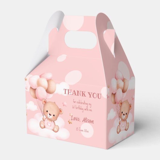 Roze teddybeer met ballonnen op wolken bedankdoosjes (Voorkant Zijde)