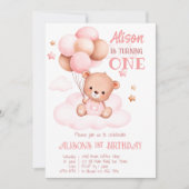 Roze teddybeer met ballonnen op wolken kaart (Voorkant)