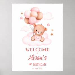 Roze teddybeer met ballonnen op wolken poster