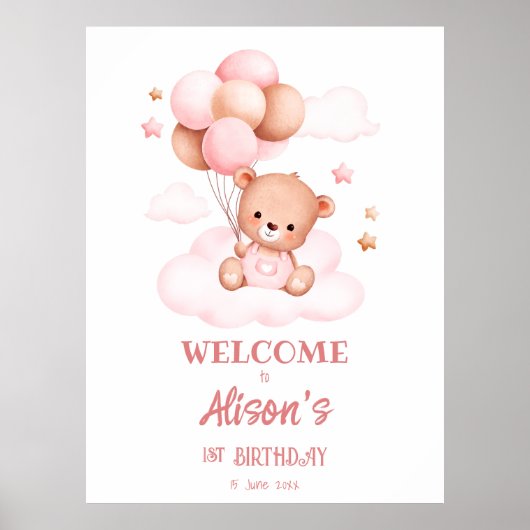 Roze teddybeer met ballonnen op wolken poster (Voorkant)
