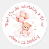 Roze teddybeer met ballonnen op wolken ronde sticker (Voorkant)