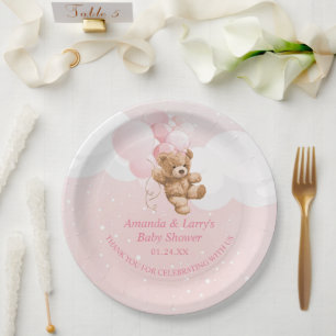 Roze teddybeer met ballonnen papieren borden bordje