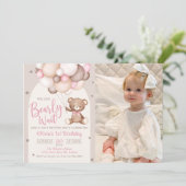 Roze Teddybeer met ballonnen Verjaardagsfoto Kaart (Staand voorkant)