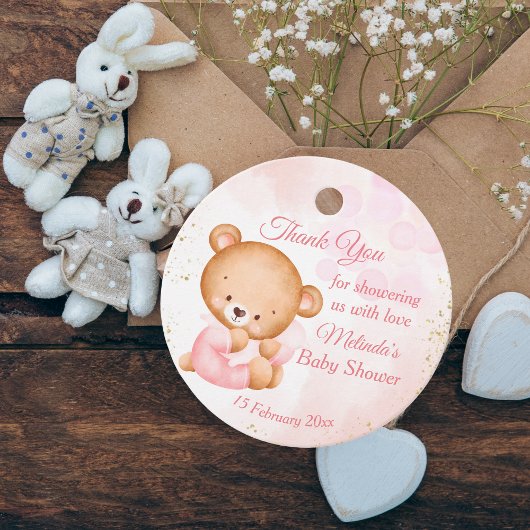 Roze teddybeer met een kussen baby shower bedankjes labels