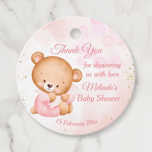 Roze teddybeer met een kussen baby shower bedankjes labels (Voorkant)