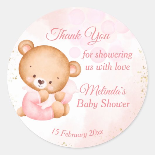 Roze teddybeer met een kussen baby shower ronde sticker (Voorkant)