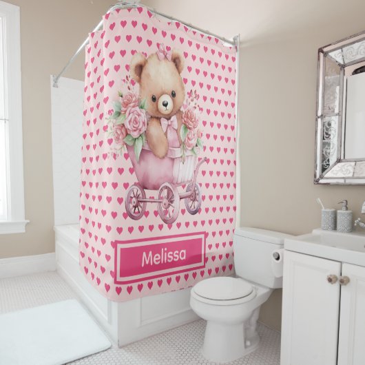 Roze teddybeer met monogram douchegordijnen voor m (In situ)