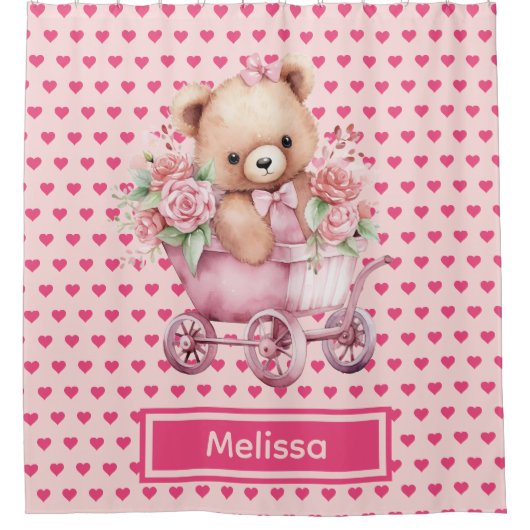 Roze teddybeer met monogram douchegordijnen voor m (Voorkant)
