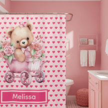 Roze teddybeer-monogram-douchegordijnen voor meisj