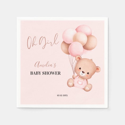 Roze Teddybeer Oh Girl Balloon Baby shower Party Servet (Voorkant)